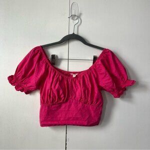 Sim & Sam Hot Pink Puff Sleeve Crop Top – 100% Cotton Peasant Style Womans Small